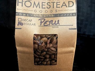 Bag of Homestead Goods Peru coffee beans.