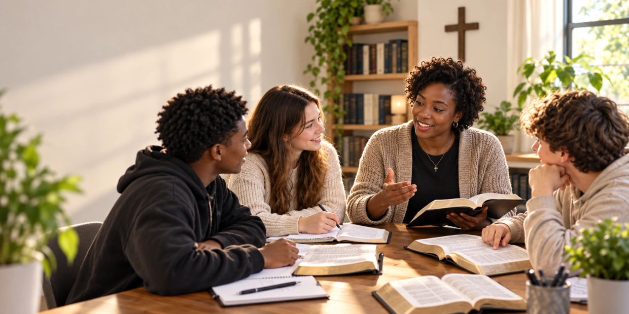 Group studying the Bible together in a room with a cross.