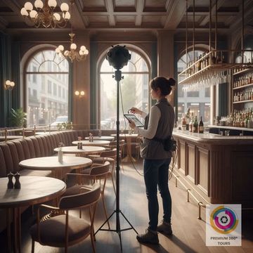 Woman using 360-degree camera in an elegant cafe with classic decor and large windows.