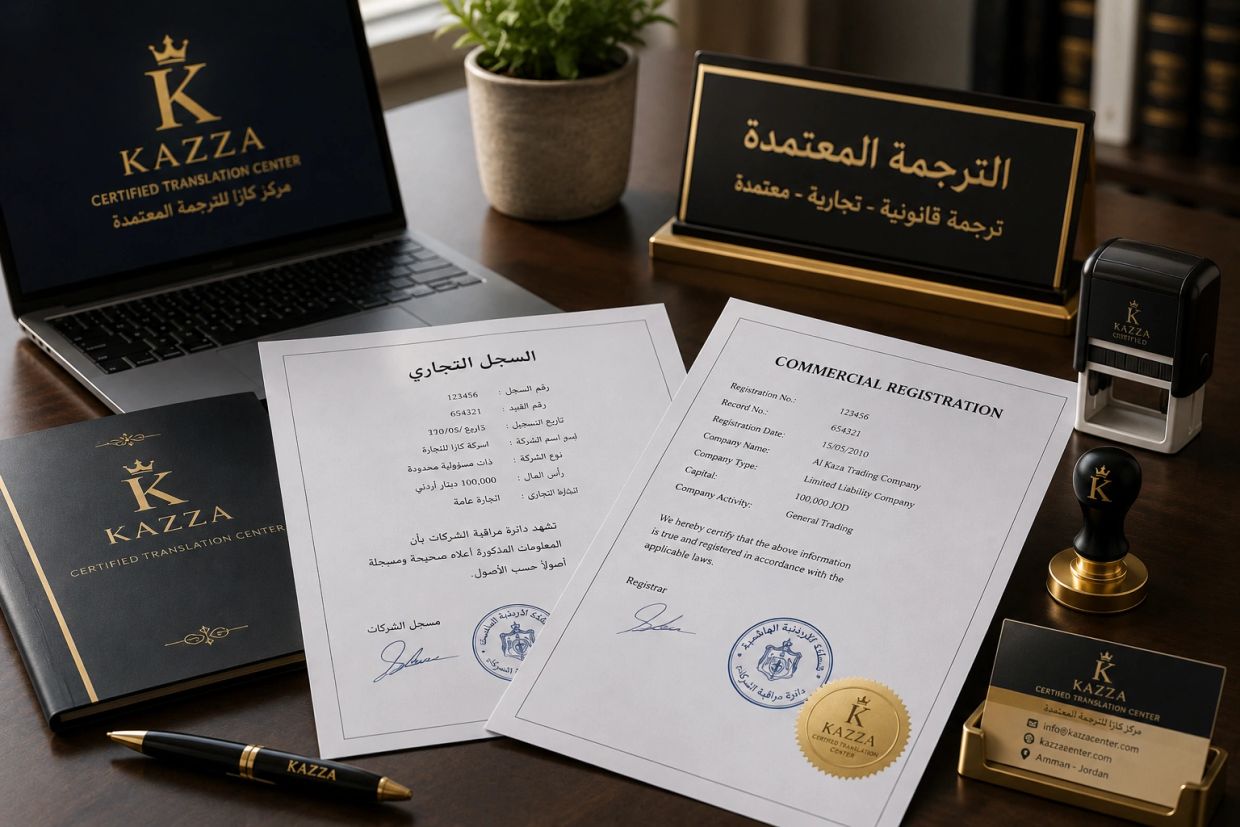 Documents and branded items from Kazza Certified Translation Center on a desk.