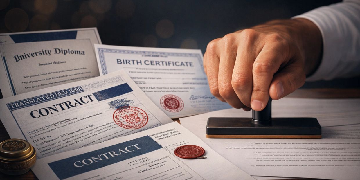A hand stamping official documents including contracts and certificates.