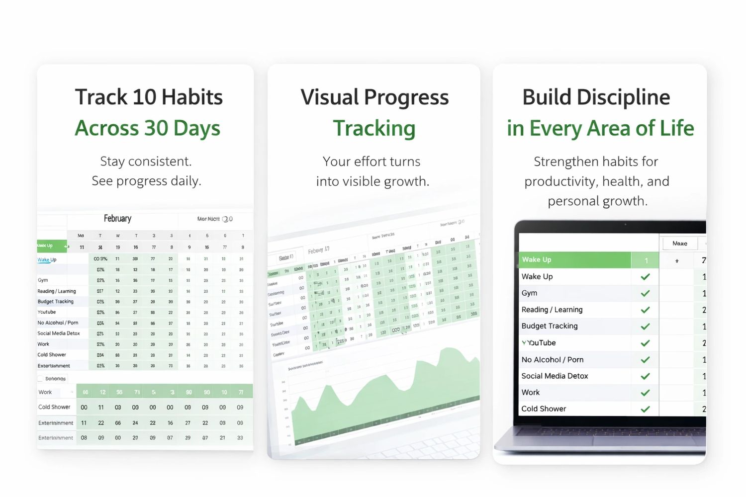 Habit tracking app showing progress, visual growth, and discipline building features.