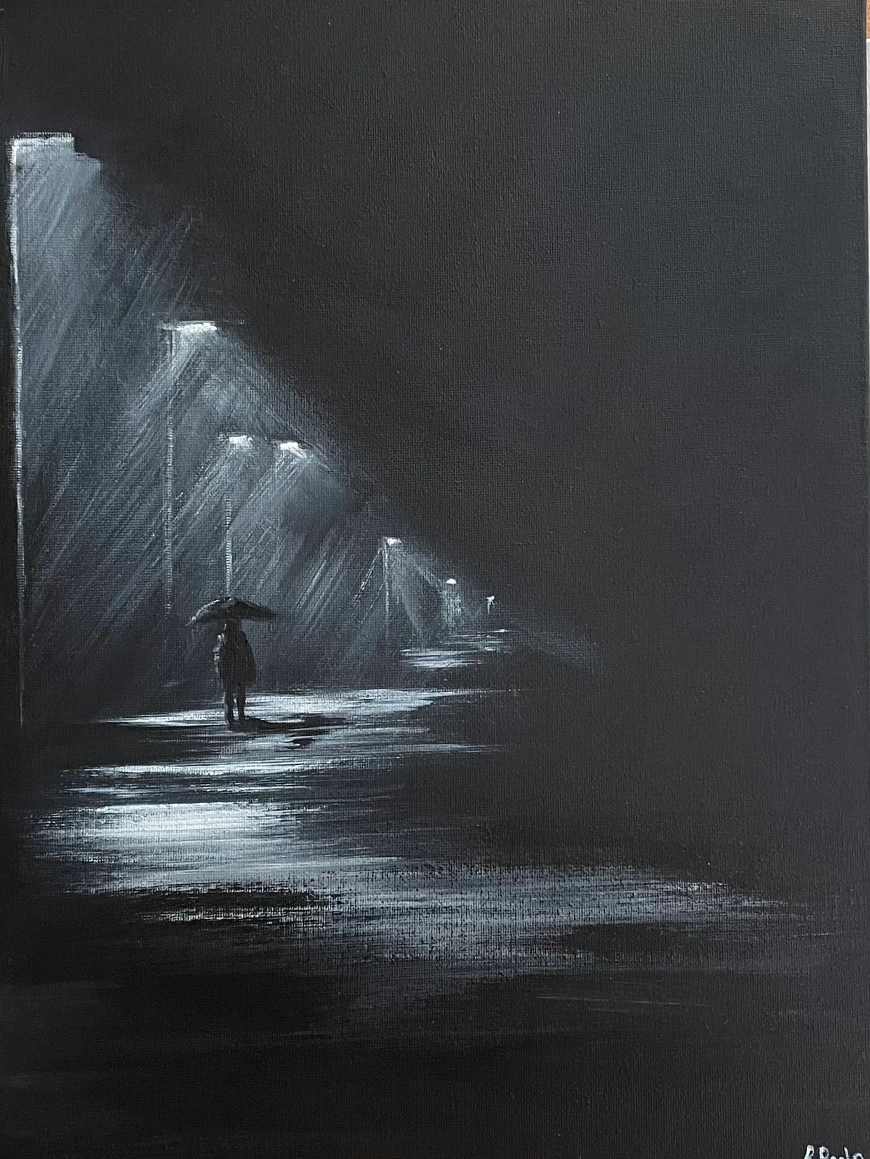 Solo
Person walking through a rainy path lit with street lamps at night.