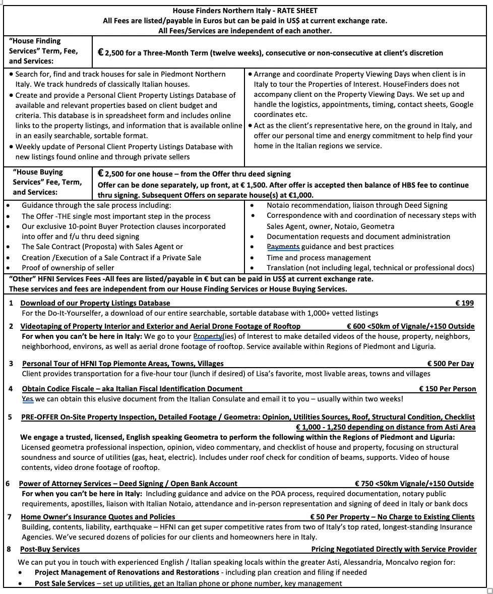 Rate sheet detailing fees and services for house finding and buying in Northern Italy with various support options.