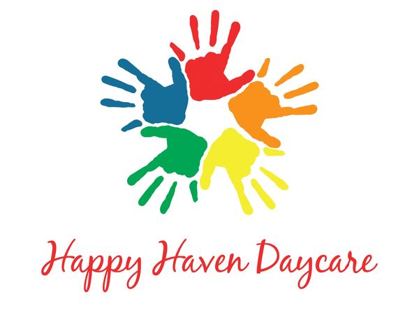 Colorful handprints forming a circle with Happy Haven Daycare text below.