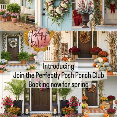 Collage of beautifully decorated porches for spring with floral and pumpkin displays.