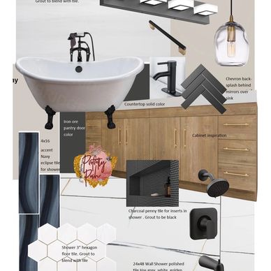 Bathroom design mood board with rustic and modern elements.