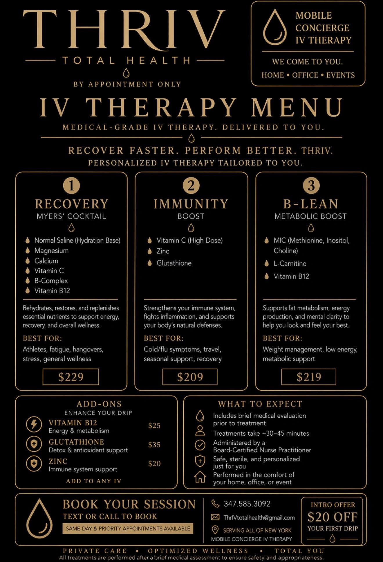 IV therapy menu offering Recovery, Immunity, and B-Lean treatments by appointment.