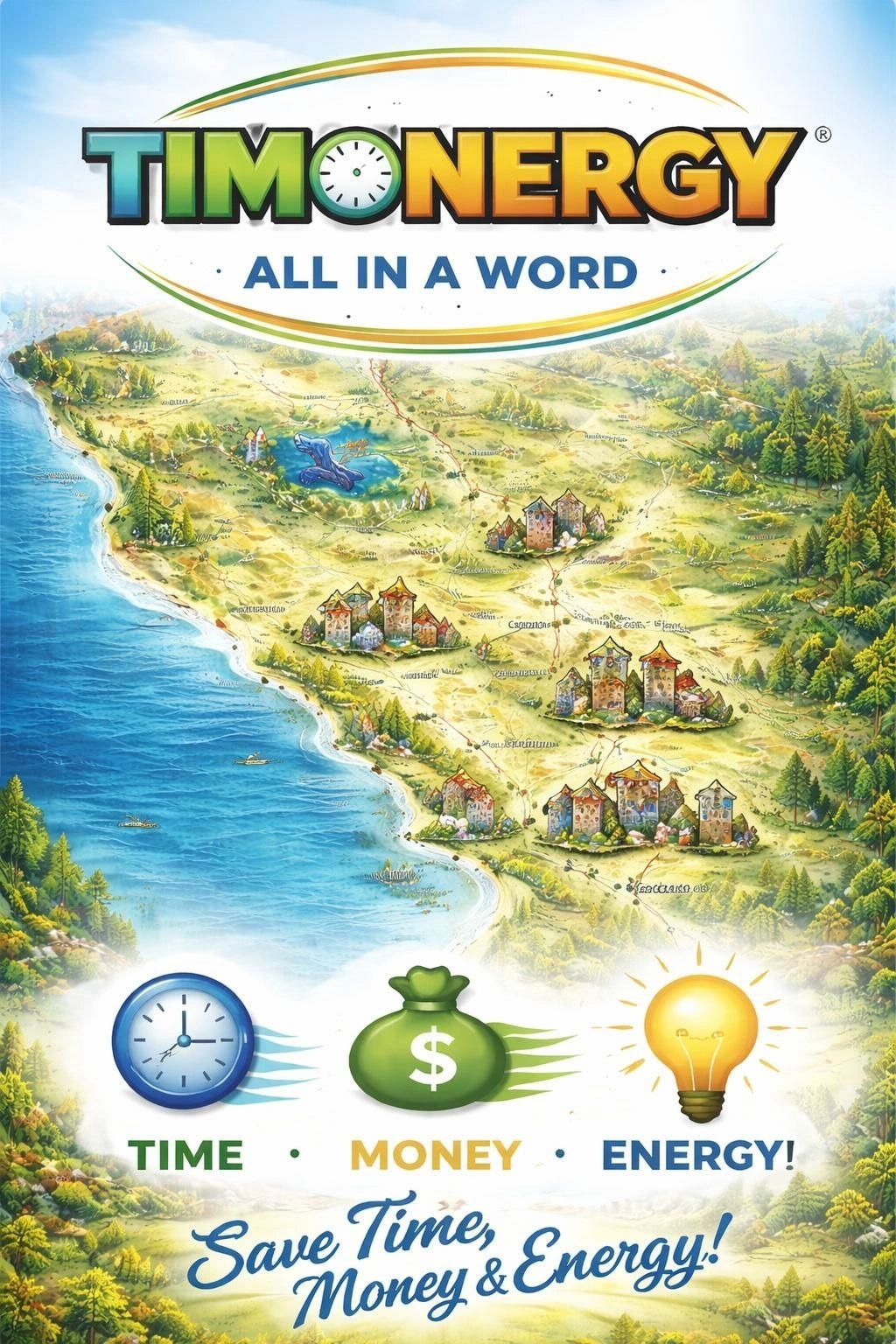 TimOnergy board game logo with a map and icons for time, money, and energy.