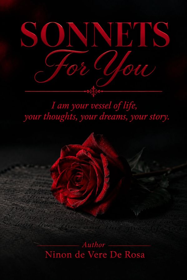 A red rose on a dark background with a poetic quote.