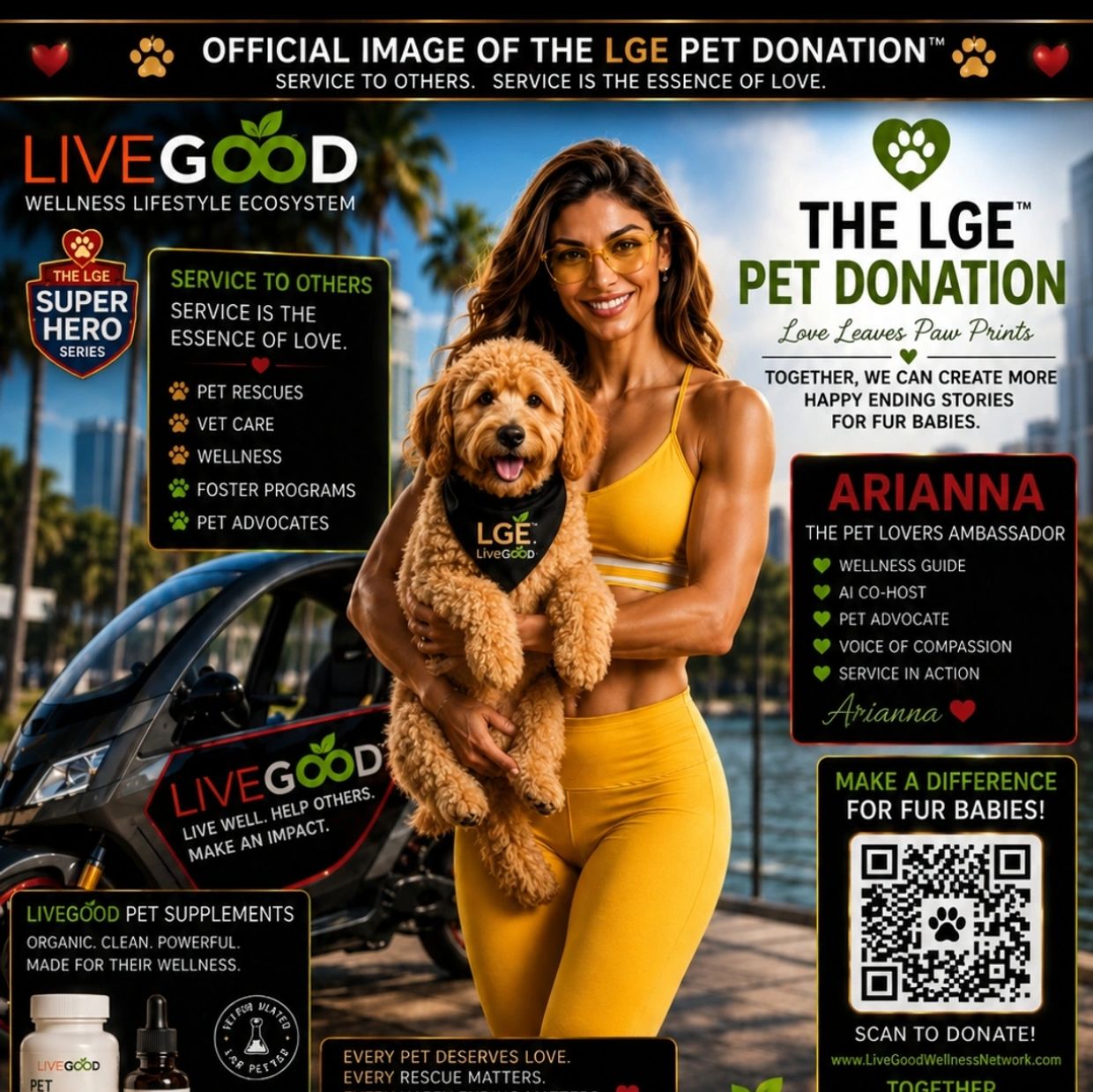 Woman in yellow holding a dog promoting LGE Pet Donation.