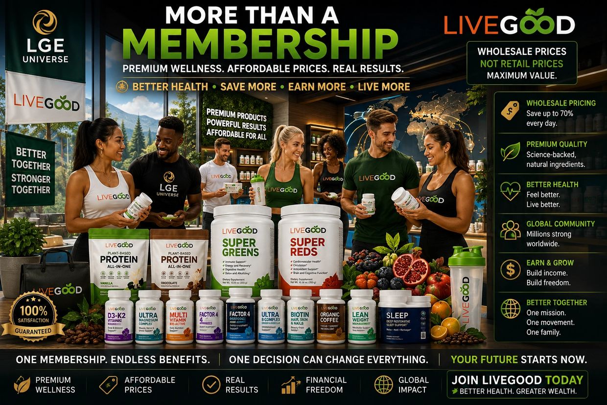 Group of people showcasing LiveGood wellness products and membership benefits.