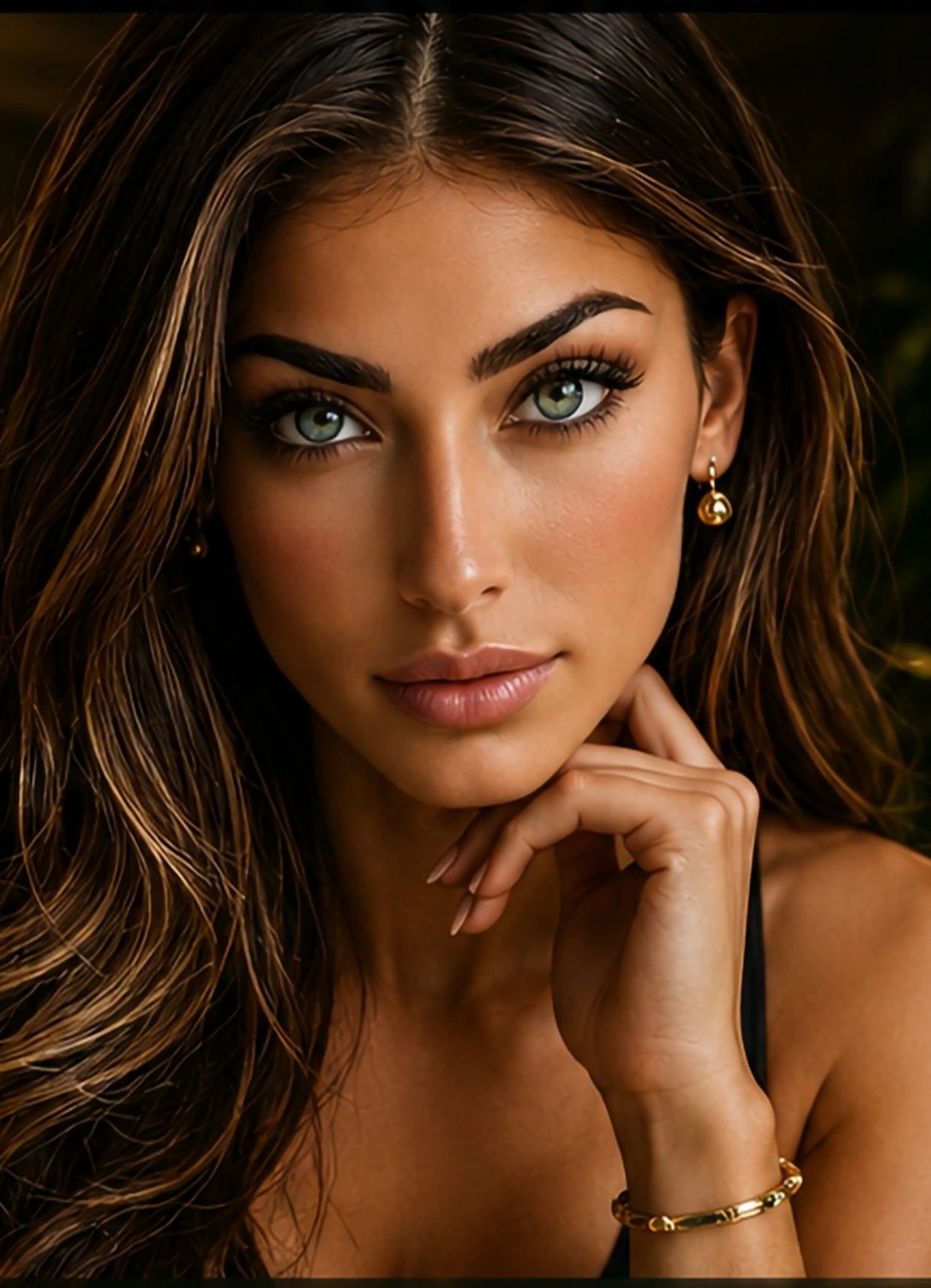 Close-up portrait of a woman with striking green eyes.