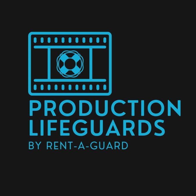 Blue logo with lifebuoy and filmstrip for Production Lifeguards by Rent-A-Guard.