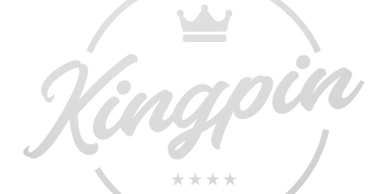 Logo with the word 'Kingpin' in cursive, a crown above, and stars below inside a circular frame.