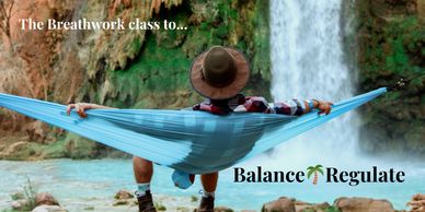 Person relaxing in a hammock near a waterfall, promoting breathwork balance.