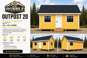 Compact yellow 20' x 20' cabin with black roof and white trim.