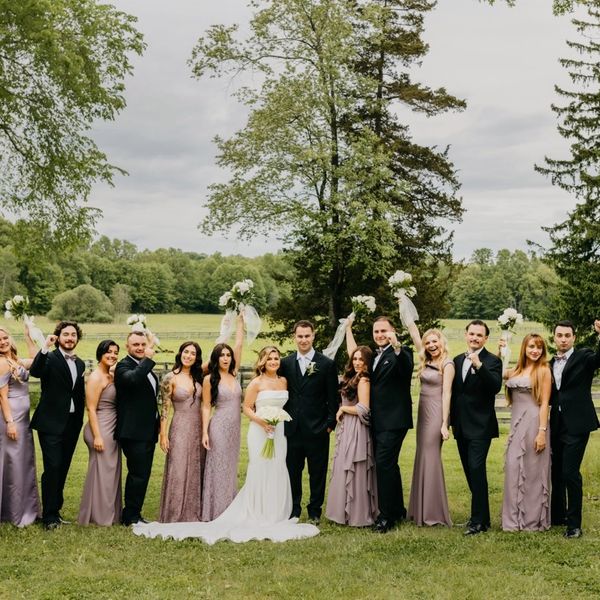 Bride and groom and their wedding party in a pasture