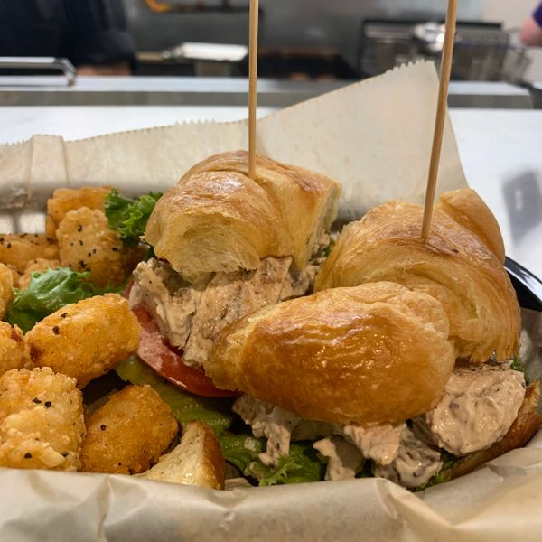 Chicken salad sandwich with tater tots