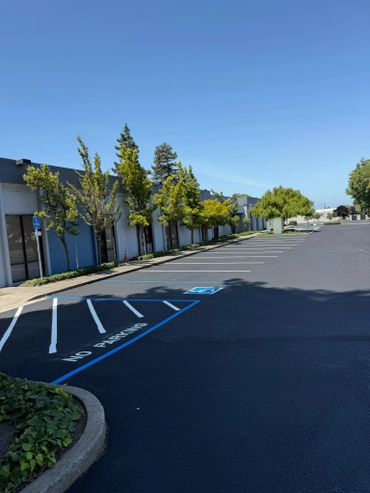 Empty parking lot with a reserved handicapped parking space and clear blue sky.