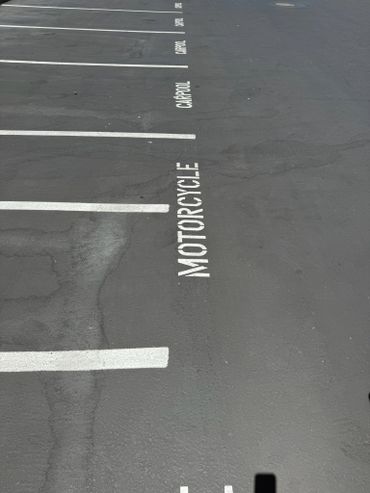 Empty parking spaces labeled for motorcycle and carpool use on asphalt.