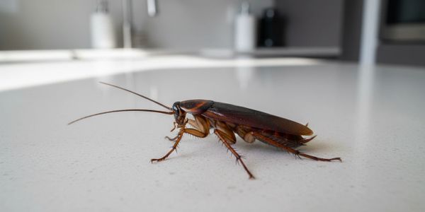 A brown cockroach on a white countertop with blurred kitchen background.