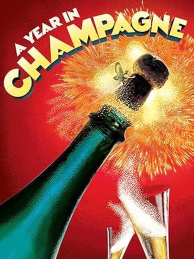Illustration of a champagne bottle popping with fireworks and the text 'A Year in Champagne'.
