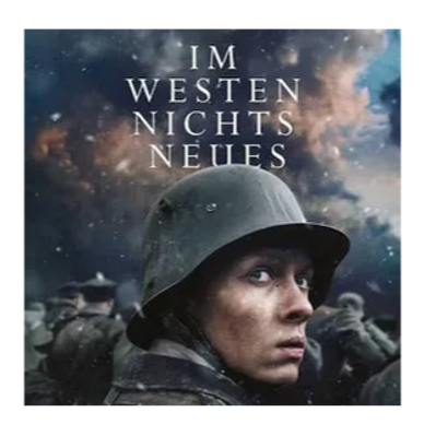 A soldier in a helmet looks back with a cloudy sky and soldiers behind him.