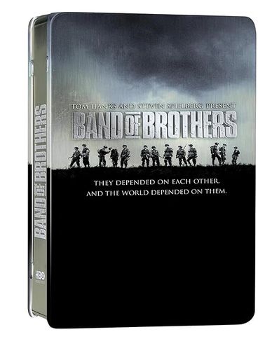 Band of Brothers DVD case featuring soldiers silhouetted against a stormy sky.