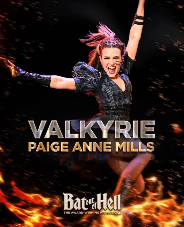 Paige Anne Mills as Valkyrie in Bat Out of Hell musical, surrounded by flames.