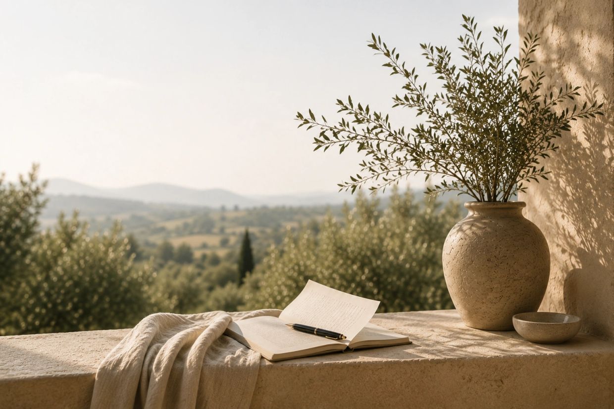 Open notebook, pen, and vase with greenery on stone ledge.
