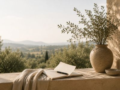 Open notebook and pen on a stone ledge with a large vase and scenic view.