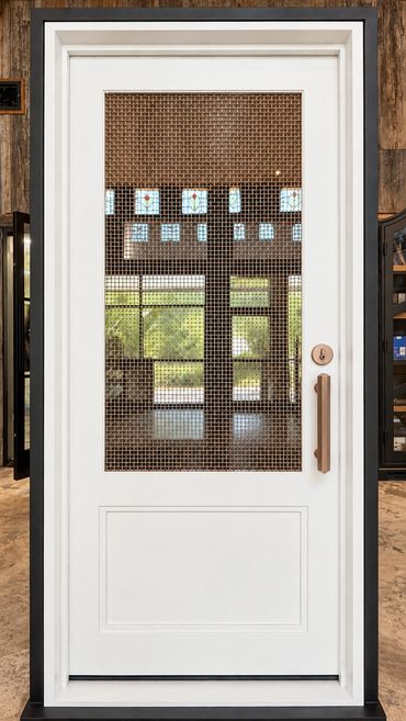 White Steel Entry Door with Rose Gold Mesh | Porte USA