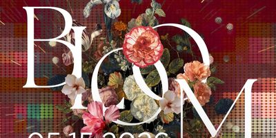 Artistic floral design with bold typography on a textured red background.