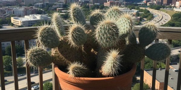 Cactus plant in a pot on a balcony with city view.