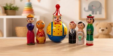 Colorful wooden toy figures lined up on a table.