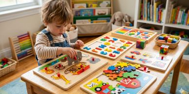 Child playing with educational puzzles at a table.
