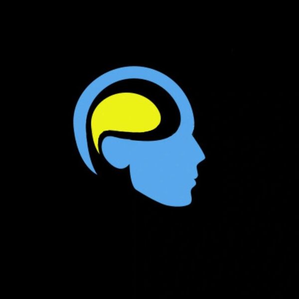 Blue human head silhouette with a yellow brain on a black background.