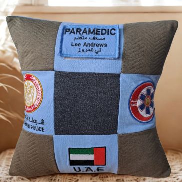 Patchwork Cushion made from old work Uniform.