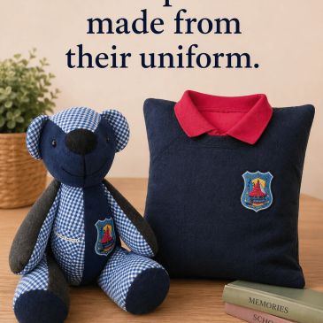 Picture of a patchwork bear and a cushion made from school uniform.