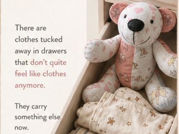 Teddy bear with folded clothes and a reflective quote about clothes.