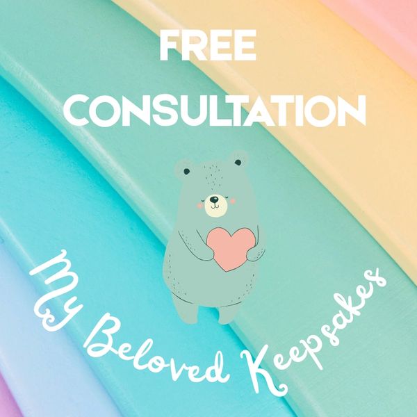 Cute bear holding heart offers free consultation for keepsakes.
