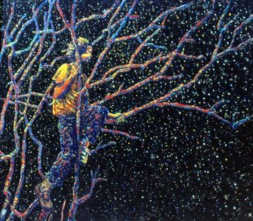 A painting of a young boy sitting in a tree looking at the night stars.