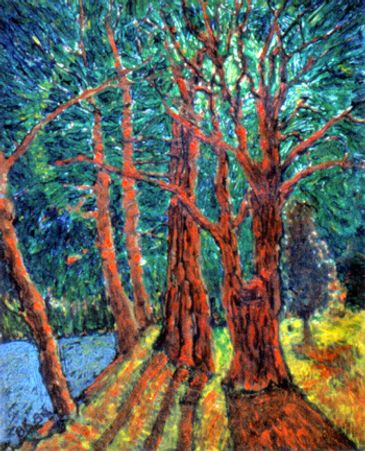 A brightly painted nightscape of trees with the moon shining through.