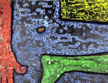 Colorful abstract with red arm and green leg.