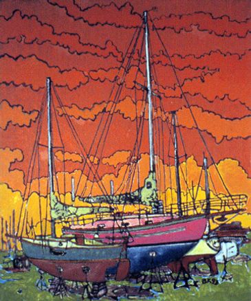 A colorful painting of a sailboat.