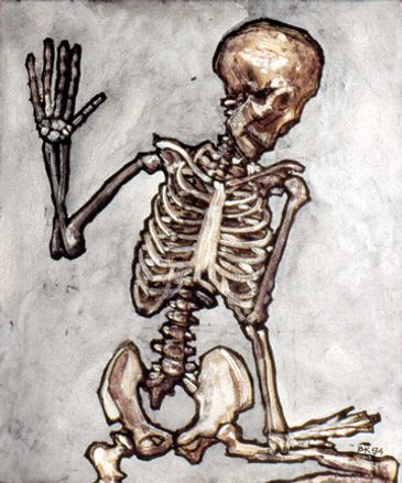 A painting of a skeleton dancing.