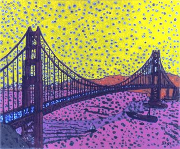 Colorful artistic rendering of the Golden Gate Bridge against a vibrant sky.