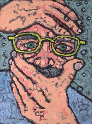 A self-portrait painting of a man with glasses.