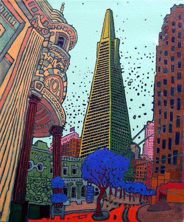 Colorful artistic cityscape featuring San Francisco TransAmerica Tower, a tall modern skyscraper and